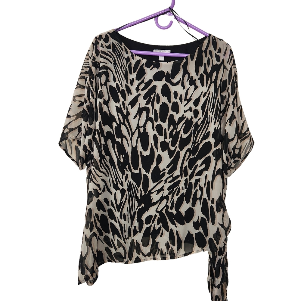 Dana Buckman Animal Print Blouse Black Cream Size XL Side Tie